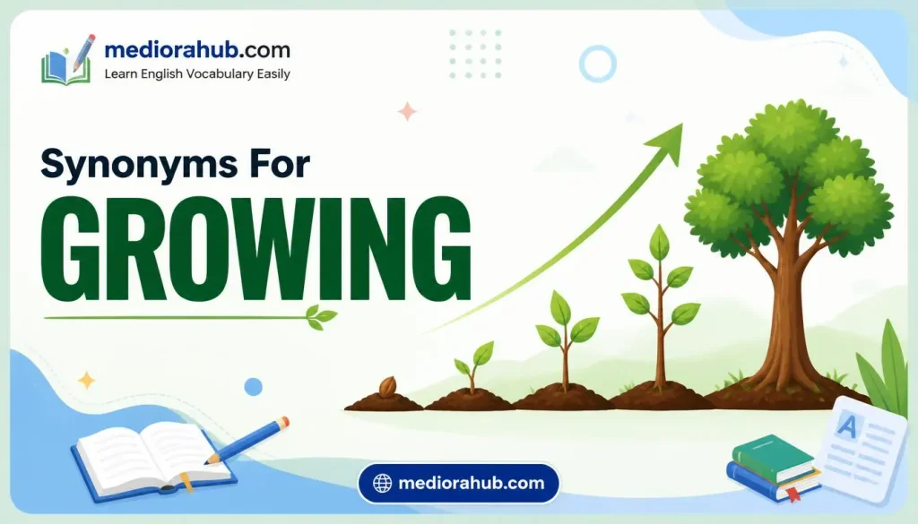 Synonyms of Growing: 25 Useful Alternatives With Examples Have you ever watched a small plant become a tall tree? That simple change is called growing. We also use growing for people, skills, businesses, feelings, and problems. For example, “My little brother is growing quickly” means he is becoming bigger as he gets older. The word growing has several meanings, so the best synonym depends on the situation. Words like developing, increasing, expanding, and maturing can describe different types of growth. Learning synonyms of growing can help students write better essays and assignments. Bloggers and content writers can use them to avoid repeating the same word. Daily English users can also speak and write in a more natural way. This guide explains useful synonyms of growing in simple English with clear examples. Quick Answer Common synonyms of growing include: developing, increasing, expanding, rising, enlarging, maturing, progressing, advancing, improving, flourishing, thriving, strengthening, multiplying, building, evolving, emerging, spreading, escalating, gaining, swelling, stretching, cultivating, budding, sprouting, and flourishing. Parts of Speech Word Part of Speech Simple Meaning Growing Adjective / Present participle Becoming bigger or developing Grow Verb To become bigger or develop Growth Noun The process of becoming bigger or better Developing Adjective / Present participle Becoming more advanced Increasing Adjective / Present participle Becoming greater in number or amount Expanding Adjective / Present participle Becoming larger Rising Adjective / Present participle Moving to a higher level Maturing Adjective / Present participle Becoming more mature Progressing Adjective / Present participle Moving forward or improving Improving Adjective / Present participle Becoming better Flourishing Adjective / Present participle Growing strongly and successfully Thriving Adjective / Present participle Growing well and successfully Emerging Adjective / Present participle Starting to appear or develop Spreading Adjective / Present participle Moving over a larger area Escalating Adjective / Present participle Becoming more serious or intense 1. Developing Meaning: Developing means becoming bigger, better, or more advanced. Examples: The child is developing new skills. Her writing is developing quickly. 2. Increasing Meaning: Increasing means becoming greater in number, size, or amount. Examples: The number of students is increasing. Her interest in science is increasing. 3. Expanding Meaning: Expanding means becoming larger or covering more space. Examples: The company is expanding its business. The city is expanding every year. 4. Rising Meaning: Rising means becoming higher in amount, level, or value. Examples: Food prices are rising again. The temperature is rising today. 5. Enlarging Meaning: Enlarging means making or becoming bigger in size. Examples: They are enlarging the family home. The farmer is enlarging the garden. 6. Maturing Meaning: Maturing means becoming older, wiser, or more developed. Examples: She is maturing into a confident young woman. His ideas are maturing with experience. 7. Progressing Meaning: Progressing means moving forward or becoming better. Examples: The project is progressing well. His English is progressing every month. 8. Advancing Meaning: Advancing means moving forward or becoming more developed. Examples: Technology is advancing very fast. She is advancing in her career. 9. Improving Meaning: Improving means becoming better than before. Examples: His grades are improving. My speaking skills are improving. 10. Flourishing Meaning: Flourishing means growing well and becoming successful. Examples: The flowers are flourishing in the warm sun. Her small business is flourishing. 11. Thriving Meaning: Thriving means growing strongly and doing very well. Examples: The plants are thriving in this soil. Their new shop is thriving. 12. Strengthening Meaning: Strengthening means becoming stronger or making something stronger. Examples: Exercise is strengthening his body. Their friendship is strengthening over time. 13. Multiplying Meaning: Multiplying means becoming greater in number. Examples: The number of online users is multiplying. The rabbits are multiplying quickly. 14. Building Meaning: Building means slowly developing or making something stronger. Examples: She is building her confidence. He is building a successful career. 15. Evolving Meaning: Evolving means slowly changing and becoming more developed. Examples: Technology is evolving every day. Her style is evolving over time. 16. Emerging Meaning: Emerging means starting to appear or become known. Examples: New businesses are emerging in the area. She is an emerging young artist. 17. Spreading Meaning: Spreading means reaching a larger area or more people. Examples: The news is spreading quickly. The fire is spreading across the field. 18. Escalating Meaning: Escalating means becoming greater or more serious. Examples: The cost of living is escalating. Their argument is escalating quickly. 19. Gaining Meaning: Gaining means getting more of something such as strength, support, or attention. Examples: The team is gaining confidence. Her idea is gaining popularity. 20. Swelling Meaning: Swelling means becoming larger or fuller. Examples: The river is swelling after the rain. The crowd is swelling near the gate. 21. Stretching Meaning: Stretching means becoming longer or reaching farther. Examples: The tree branches are stretching toward the light. The city is stretching into the countryside. 22. Cultivating Meaning: Cultivating means helping something grow or develop. Examples: She is cultivating a love of reading. Farmers are cultivating fresh vegetables. 23. Budding Meaning: Budding means starting to grow or develop. Examples: The budding flowers look beautiful. He is a budding young writer. 24. Sprouting Meaning: Sprouting means beginning to grow from a seed or plant. Examples: The seeds are sprouting in the garden. Tiny plants are sprouting after the rain. 25. Blossoming Meaning: Blossoming means developing in a healthy or successful way. Examples: Her talent is blossoming with practice. Their friendship is blossoming into something special. Frequently Asked Questions About Synonyms of Growing 1. What is the simple meaning of growing? Growing means becoming bigger, older, stronger, or more developed. 2. What is the best synonym for growing? The best synonym depends on the context. Developing, increasing, expanding, maturing, improving, and rising are common choices. 3. Is developing a synonym for growing? Yes, developing can be a synonym for growing when something is becoming more advanced or mature. 4. What is another word for growing bigger? You can use increasing, expanding, enlarging, swelling, or getting bigger. 5. What is another word for growing up? Common alternatives include maturing, developing, aging, and becoming an adult. 6. What is a synonym for growing in business? Useful words include expanding, increasing, flourishing, thriving, and developing. 7. What is a synonym for growing plants? For plants, you can use words such as sprouting, budding, flourishing, thriving, and developing. 8. What is the opposite of growing? The opposite can be shrinking, decreasing, declining, reducing, or withering, depending on the context. 9. Why should I learn synonyms of growing? Learning synonyms helps you avoid repetition and makes your writing, speaking, essays, blogs, and everyday communication more interesting. Conclusion Learning synonyms of growing gives you more ways to describe change and development. Words such as developing, increasing, expanding, maturing, improving, thriving, and flourishing each have slightly different uses. They can make your writing clearer and more interesting. Practice these words in your emails, essays, blog posts, and daily conversations. The more you use them, the more natural your English will become. SEO Slug: synonyms-of-growing Meta Description: Learn 25 useful synonyms of growing